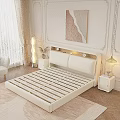 Modern Double Bed with LED Headboard Lights Cozy Blanket and Wall Art Painting