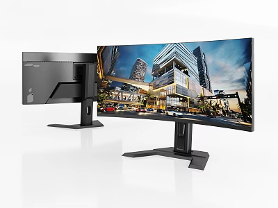 Modern Curved Computer Monitor With Desktop PC And Urban Scene Display Setup 3d model