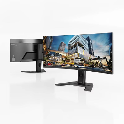 Modern Curved Computer Monitor With Desktop PC And Urban Scene Display Setup 3d model