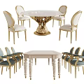 Elegant Dining Table Set With Round Rectangular Tables Gold Frame Chairs White Legs And Cushions 3d model