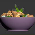 Fried Chicken Pieces with Fresh Cucumber Broccoli and Cilantro in Purple Bowl