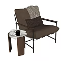 Brown Leather Single Sofa with Light Blanket Dark Pillow and Wooden Side Table