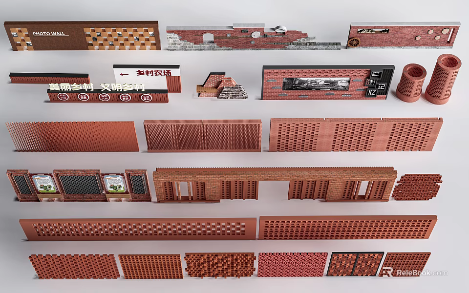 Red Brick Feature Wall Design With Various Textures And Decorative Patterns 3d model 