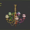 Ornate Golden Chandelier With White Glass Shades And Decorative Curved Arms For Home Decor