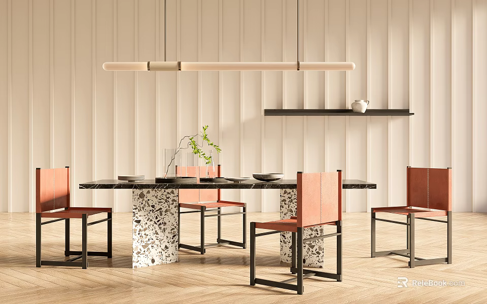 Minimalist Dining Set With Black Table Orange Chairs Marble Base And Hanging Light 3d model