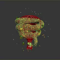 Red Hot Air Balloon With Golden Spiral Decorations And Floating Red Fragments On Gray Background