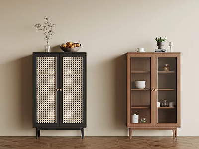 Modern Sideboard Designs With Rattan And Glass Doors Decorated With Plants And Cups 3d model