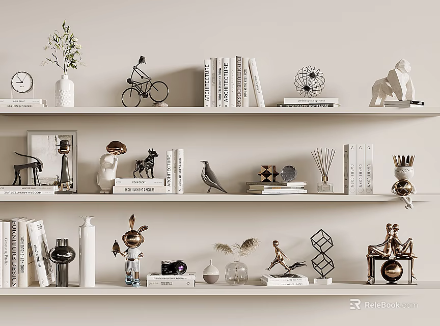 Modern Decorative Ornament Combination On Shelves With Books Sculptures Vases Geometric Animal Figures 3d model 