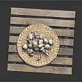 Heap of Fresh Garlic Bulbs in Wicker Basket on Wooden Pallet