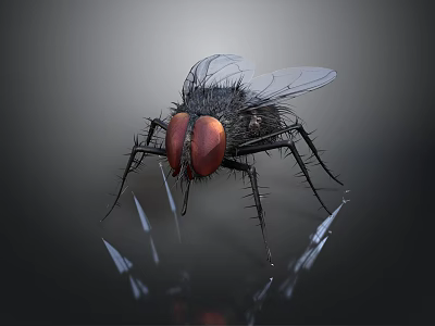 Fly with red compound eyes black body and transparent wings on reflective surface 3d model