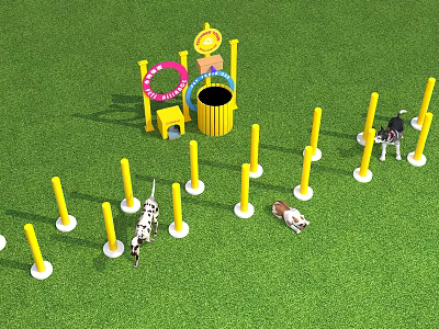 Pet Interaction Area With Agility Poles Hoops And Dogs Playing On Green Grass 3d model