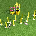 Pet Interaction Area With Agility Poles Hoops And Dogs Playing On Green Grass