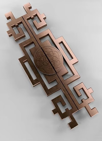 Traditional Chinese Decorative Door Handle with Intricate Cloud Pattern and Geometric Frame in Bronze Finish 3d model