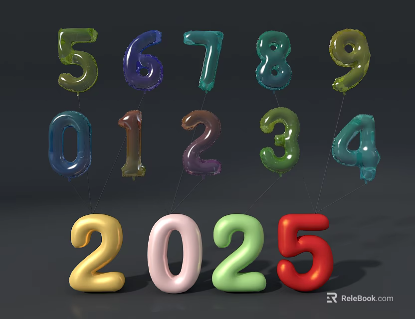 Colorful Number Shaped Balloons Featuring 2025 And Digits 0 To 9 3d model 