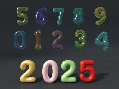 Colorful Number Shaped Balloons Featuring 2025 And Digits 0 To 9 3d model
