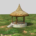 Traditional Thatched Roof Pavilion With Stone Base And Steps On Grassland