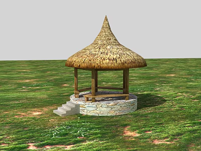 Traditional Thatched Roof Pavilion With Stone Base And Steps On Grassland 3d model