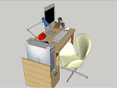 Wooden Office Desk With Computer Monitor Keyboard Mouse Lamp And White Chair 3d model
