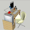 Wooden Office Desk With Computer Monitor Keyboard Mouse Lamp And White Chair