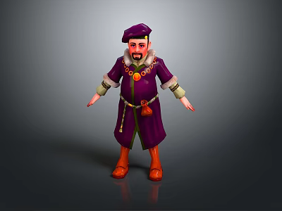 3D Fantasy Character With Purple Robe Hat Beard And Orange Boots 3d model