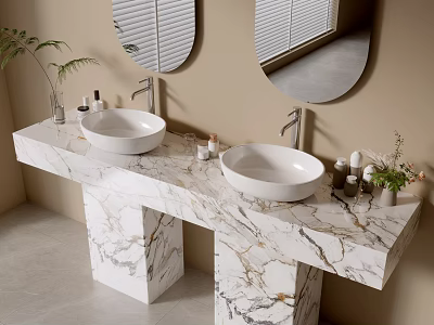 Modern Bathroom Vanity With Marble Countertop Double Sink Round Mirrors Window Blinds Toiletries and Potted Plants 3d model