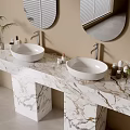 Modern Bathroom Vanity With Marble Countertop Double Sink Round Mirrors Window Blinds Toiletries and Potted Plants