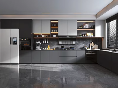 Modern Open Kitchen With Gray Cabinets White Refrigerator Marble Countertop And Black Appliances 3d model
