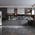 Modern Open Kitchen With Gray Cabinets White Refrigerator Marble Countertop And Black Appliances