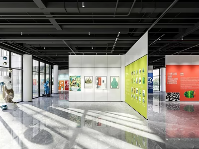 Exhibition Hall Interior Design With White Walls Green Partition And Artworks 3d model