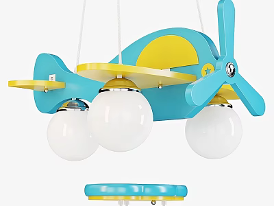 Airplane Shaped Blue Yellow Chandelier With Three White Bulbs For Kids Room 3d model