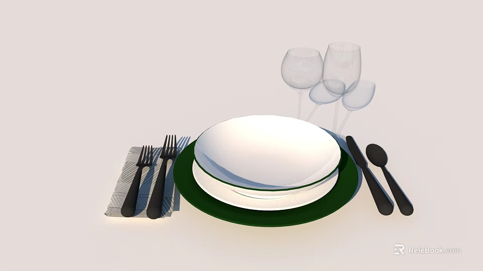 Elegant Dinnerware Set with White Plates Green Base Black Cutlery Wine Glasses and Gray Placemat 3d model 