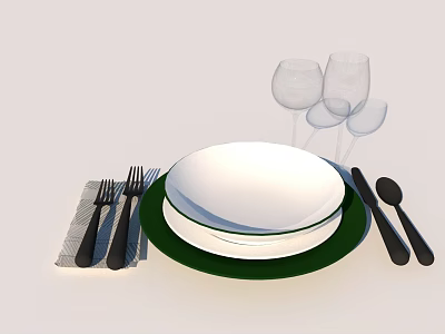 Elegant Dinnerware Set with White Plates Green Base Black Cutlery Wine Glasses and Gray Placemat 3d model