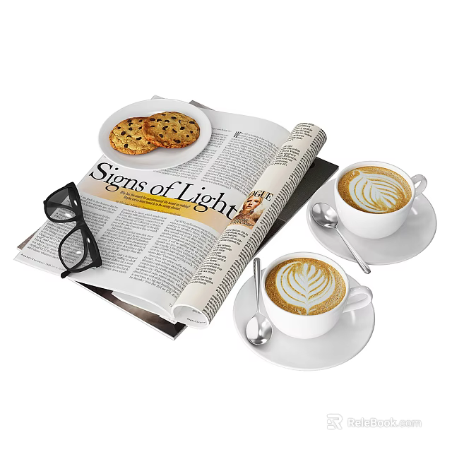 Two Coffee Cups With Latte Art Cookies Open Magazine And Sunglasses 3d model 