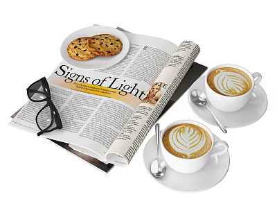 Two Coffee Cups With Latte Art Cookies Open Magazine And Sunglasses 3d model