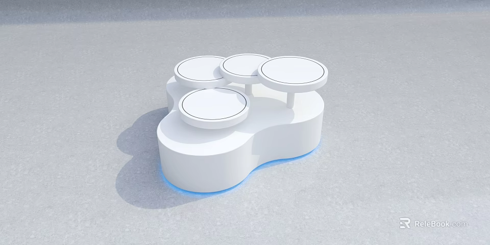 White Cloud Shaped Display Shelf Featuring Four Circular Platforms And Blue Lighting On Gray Floor 3d model