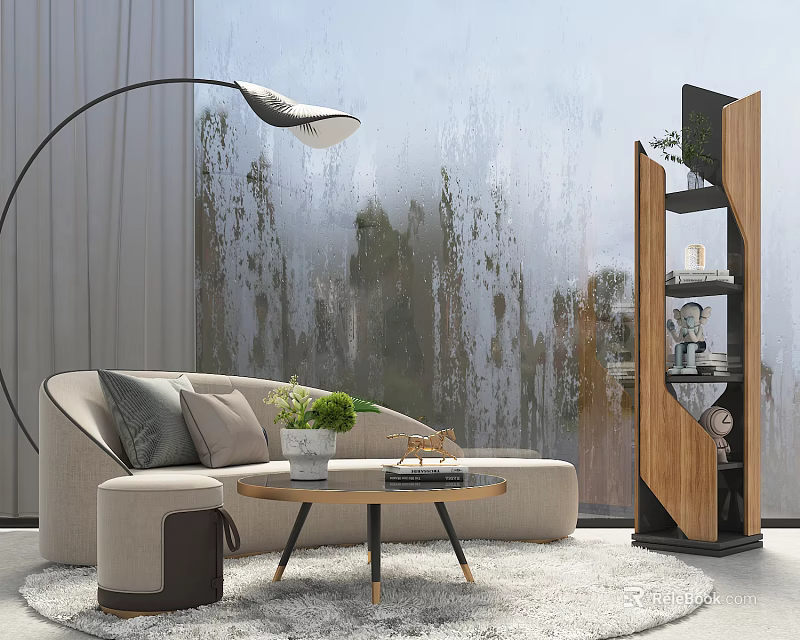 Beige Sofa Coffee Table Set With Wooden Legs Floor Lamp Potted Plant And Textured Wall 3d model 