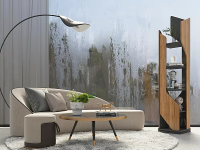 Beige Sofa Coffee Table Set With Wooden Legs Floor Lamp Potted Plant And Textured Wall 3d model