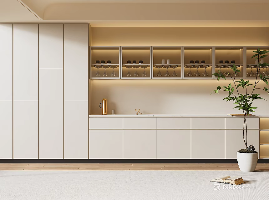 Modern Wine Cabinet With Glass Doors LED Lighting White Cabinetry And Decorative Plant 3d model 
