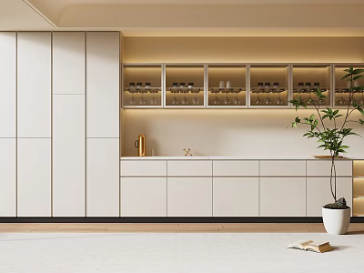 Modern Wine Cabinet With Glass Doors LED Lighting White Cabinetry And Decorative Plant 3d model