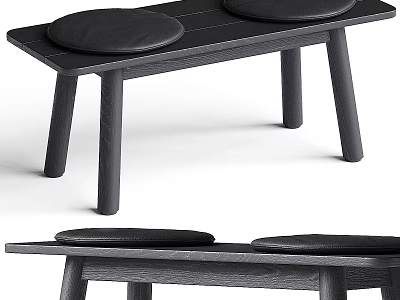 Dark Wooden Bench With Two Round Cushions And Minimalist Design 3d model