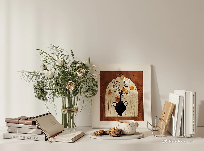 Elegant Decorative Ornament Set With Flower Bouquet Artwork Books Bookend Cookies Plate Cup And Vase 3d model 