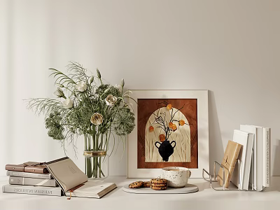Elegant Decorative Ornament Set With Flower Bouquet Artwork Books Bookend Cookies Plate Cup And Vase 3d model