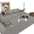 Modern Sofa And Coffee Table Set With Light Upholstery White Table Potted Plant Wall Art And Floor Lamp