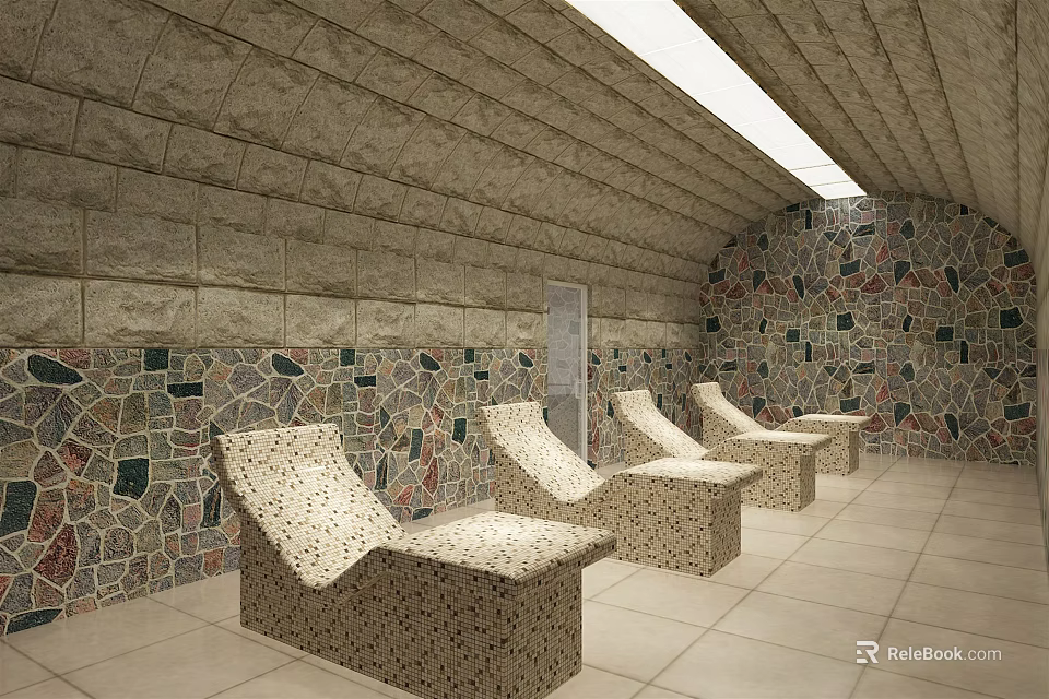 SPA Sauna Interior Design With Stone Mosaic Walls And Lounger Chairs 3d model 