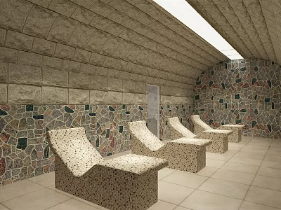 SPA Sauna Interior Design With Stone Mosaic Walls And Lounger Chairs 3d model