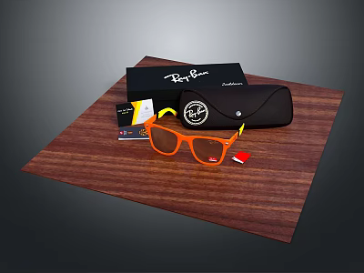 Ray Ban Orange Sunglasses With Black Case And Red Tag On Wooden Surface 3d model