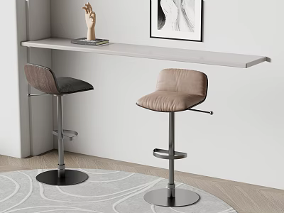 Modern Leather Bar Stools With Gray Beige Seats Metal Base And Wall Mounted Counter 3d model