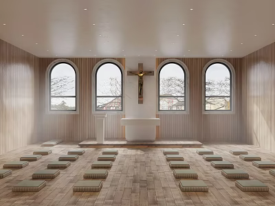 Serene Religious Faith Church Interior With Cross Altar Arched Windows Wooden Walls And Prayer Cushions 3d model