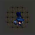 Blue Armored Warrior Robot Figure Numbered 11 Holding Gun Under Spotlight On Gray Background