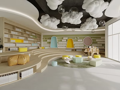 Modern Kindergarten Interior With Cloud Ceiling Decor Colorful Seats Bookshelves Round Carpet And Windows 3d model